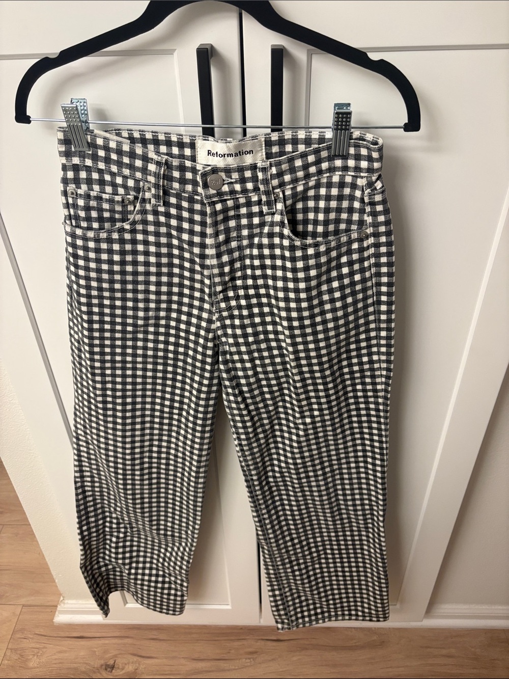 Reformation Black & White Gingham Straight Jeans